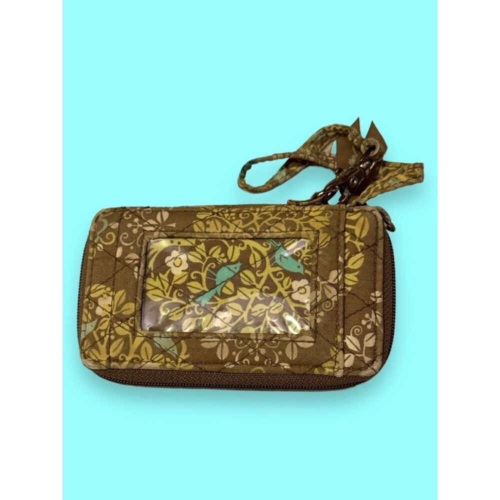 Vera Bradley Green Tan Floral Birds Top Zip Wristlet Card Holder Keychain Wallet
